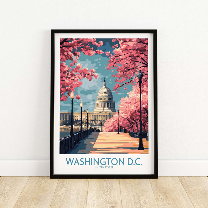 Framed Washington D.C. US Capitol wall art with cherry blossoms, a symbol of American democracy and architecture.