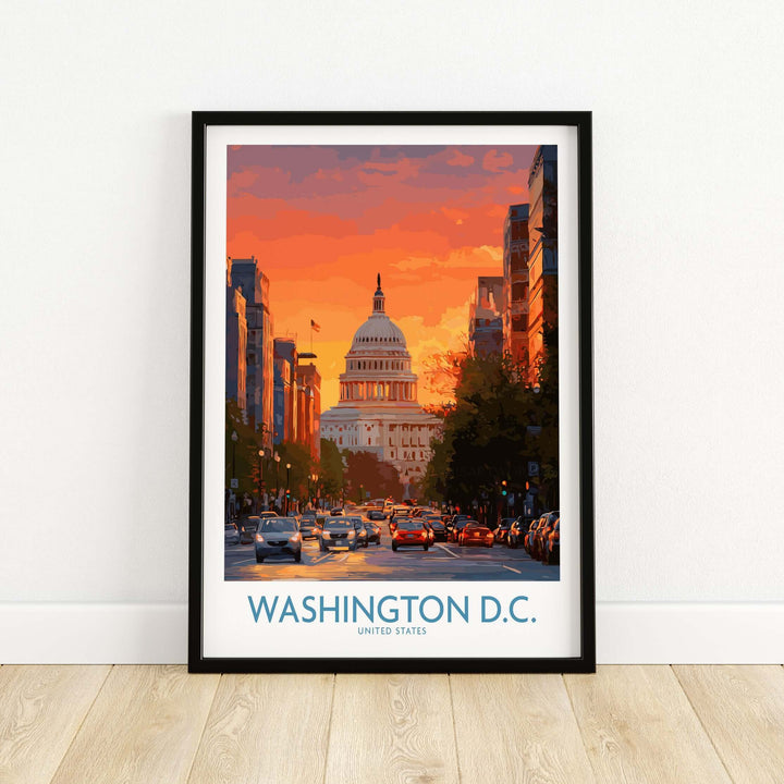 Washington D.C. cityscape poster showcasing the US Capitol at dusk with vibrant twilight colors.