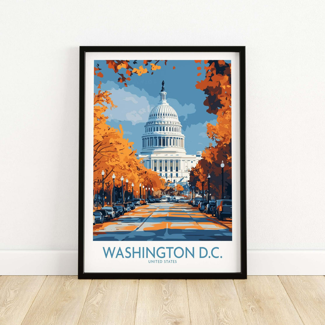 Washington D.C. Capitol Building poster with autumn trees, showcasing iconic architecture and vibrant cityscape.