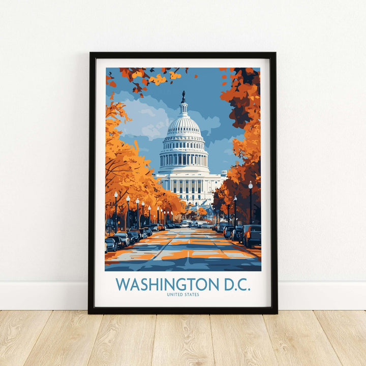 Washington D.C. Capitol Building poster with autumn trees, showcasing iconic architecture and vibrant cityscape.