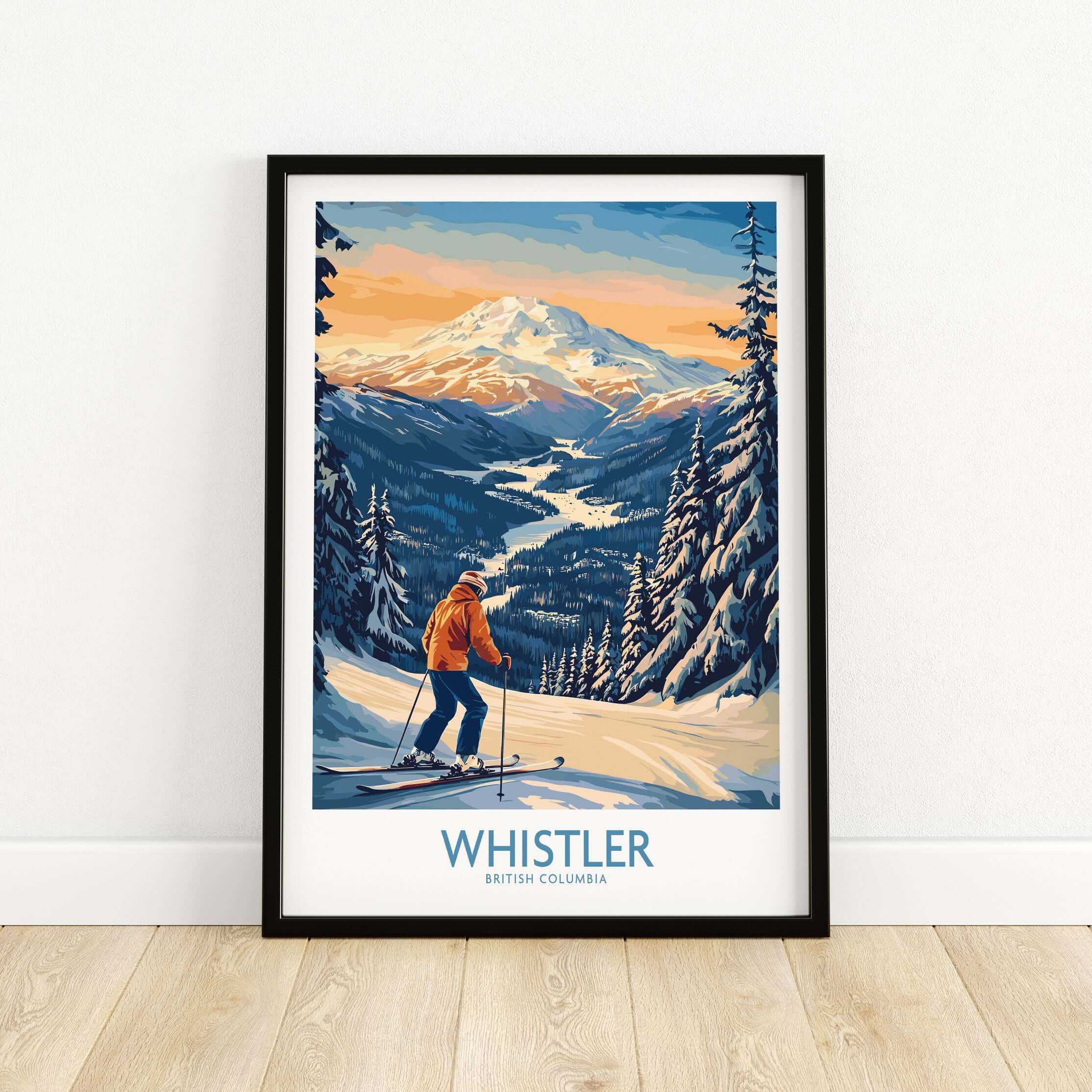 Whistler Ski Print featuring a skier in British Columbia's stunning landscape, vibrant artwork for adventure lovers.