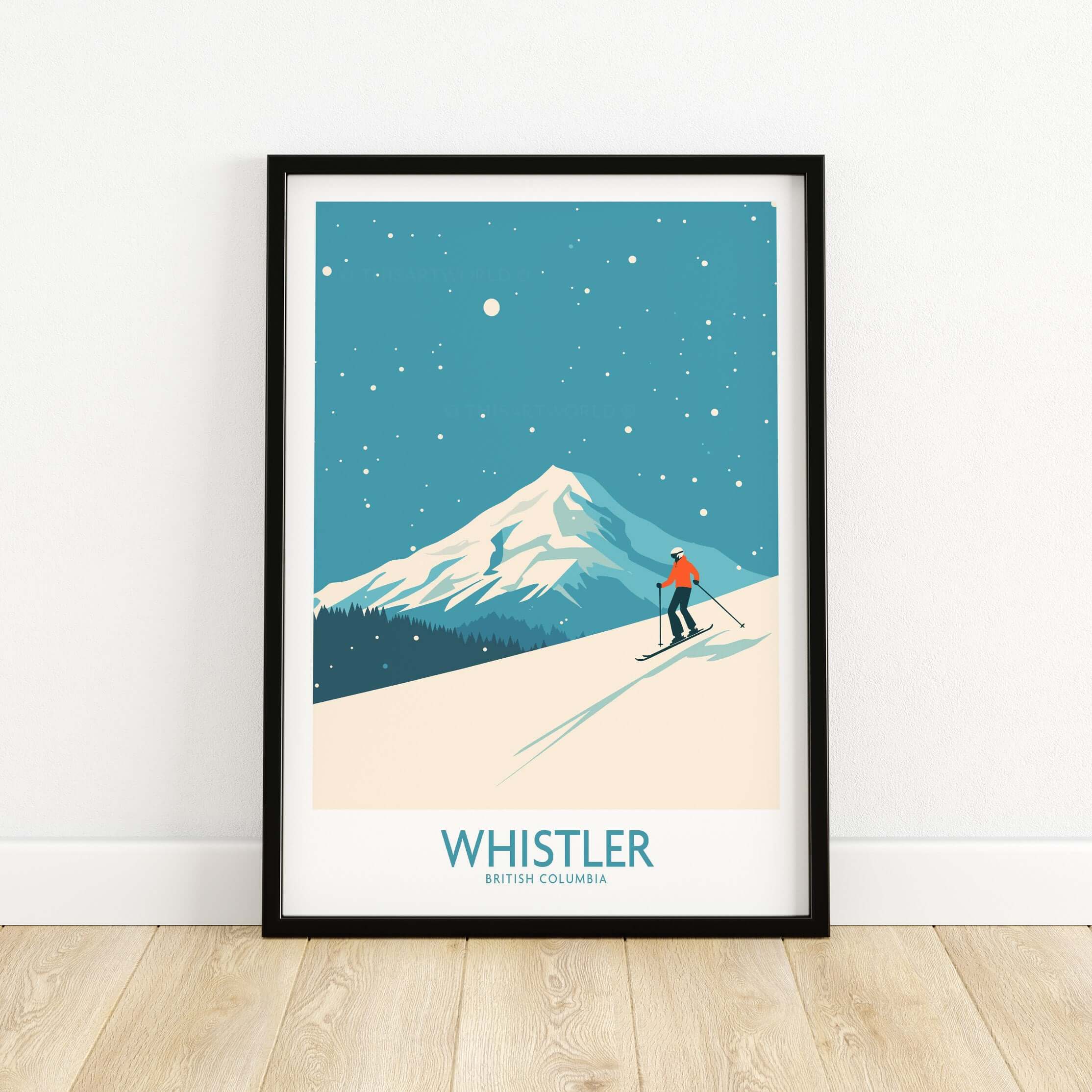 Whistler Wall Art Print featuring a skier on a snowy slope, showcasing the beauty of British Columbia's mountains.