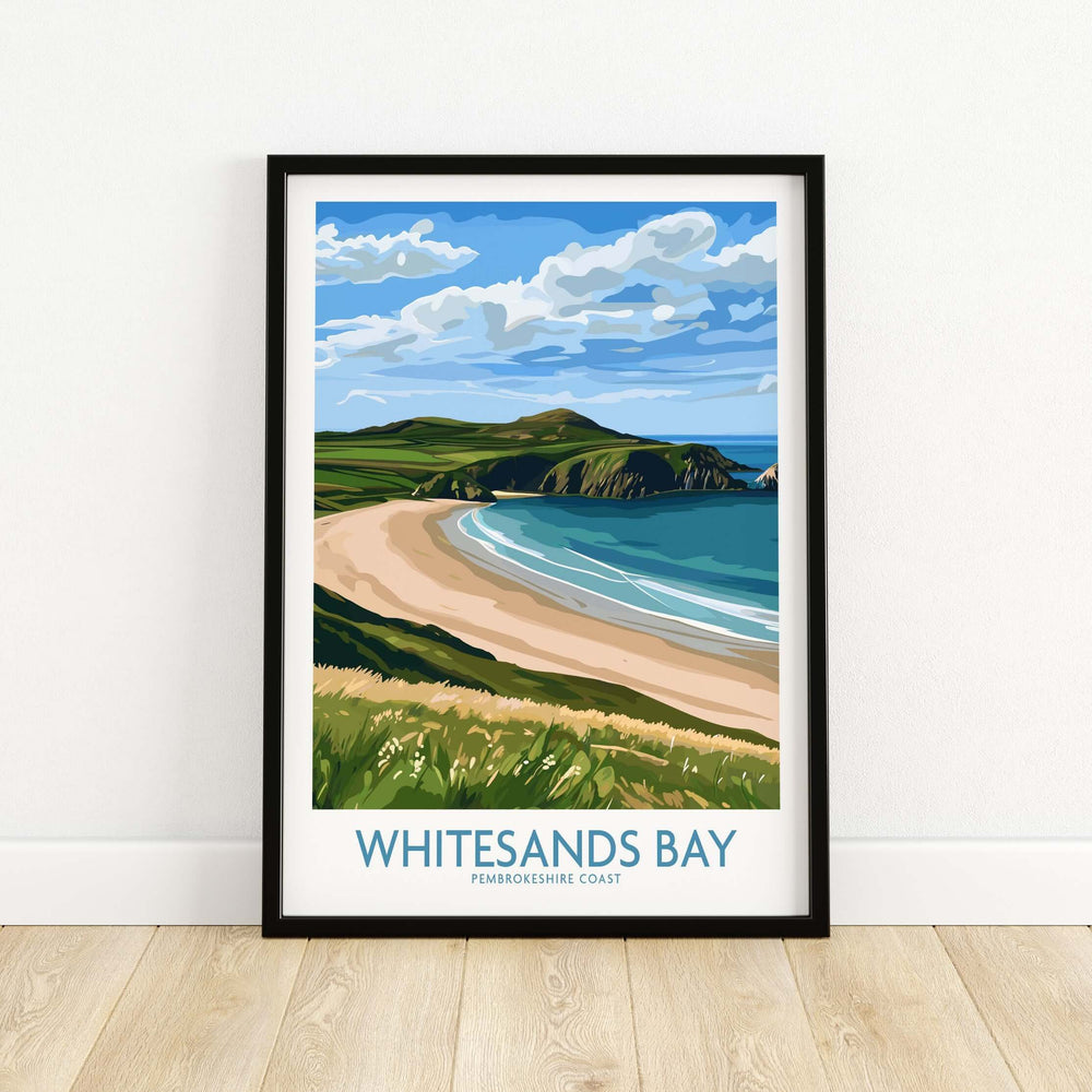 Whitesands Bay print showcasing Pembrokeshire Coast's sandy beach and vibrant waves, perfect for coastal decor.