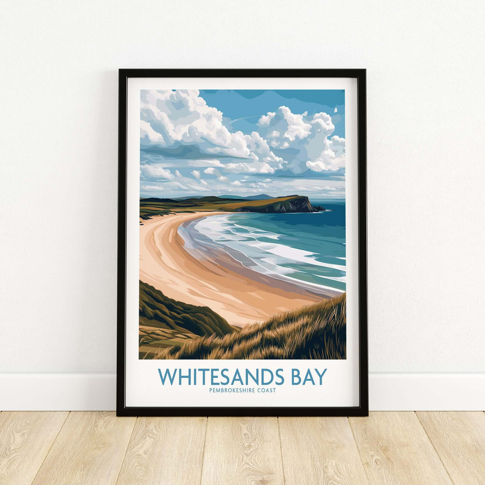 Whitesands Bay Pembrokeshire poster featuring grassy dunes and coastline, perfect for travel decor.