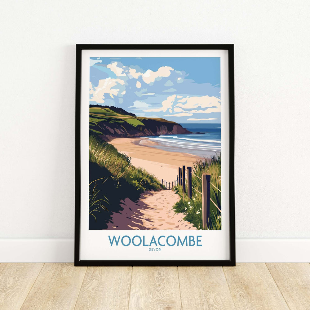 Woolacombe Devon dunes to ocean poster showcasing sandy beach path and coastal view, ideal English seaside decor.