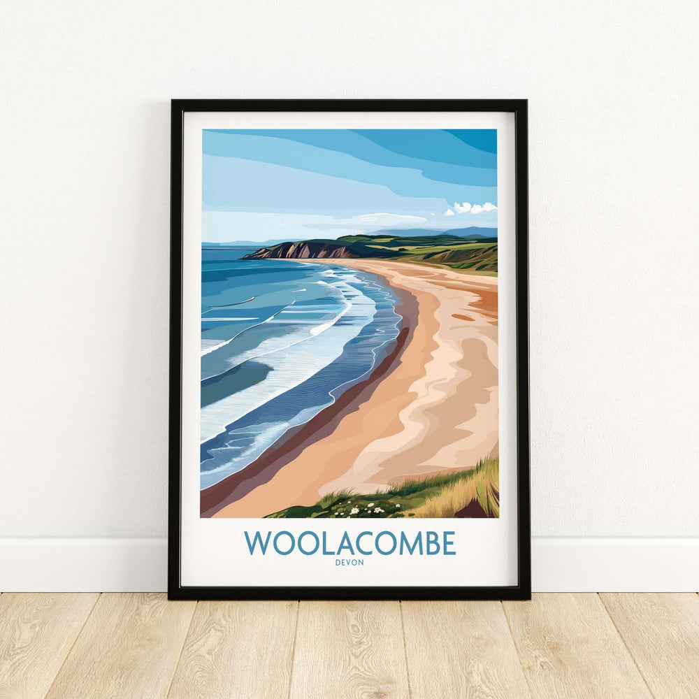 Woolacombe Devon Coastal Cliffs wall art showcasing sandy beach and ocean waves, perfect UK travel decor.