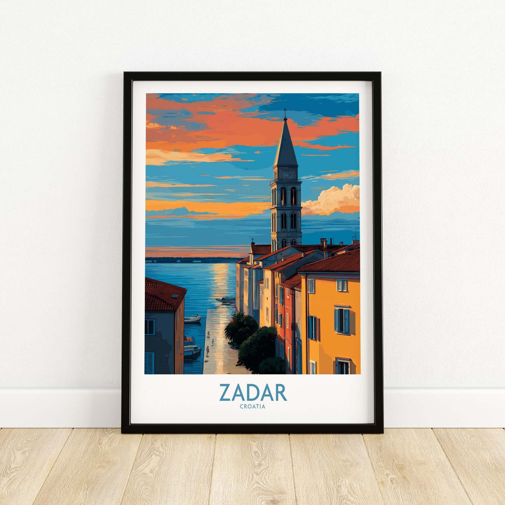Zadar Croatia Sunset Bell Tower Art Print | Old Town Seascape Poster featuring vibrant sunset colors and historic architecture.