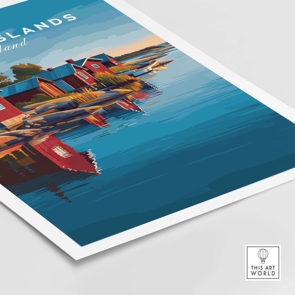 Åland Islands Print | Scandinavian Travel Home Art featuring picturesque boats and colorful houses by the water.