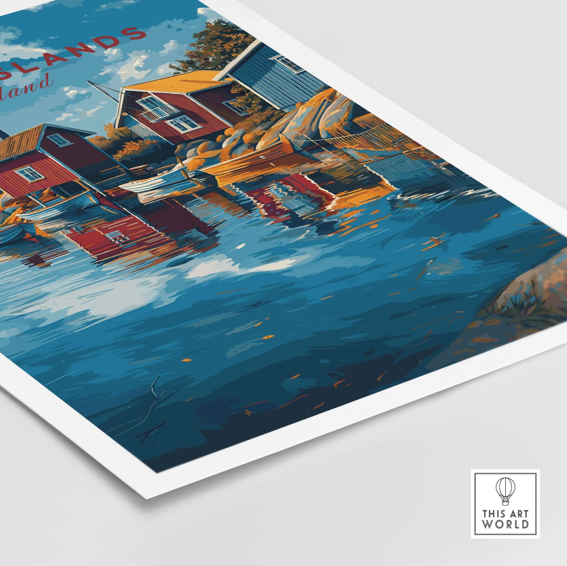 Åland Islands Poster | Scandinavian Sea Wall Decor featuring vibrant colors of coastal houses and reflections on water.