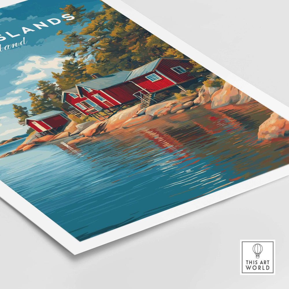 Åland Islands Picturesque Nordic Huts Print | Scandinavian Travel Wall Decor showcasing vibrant red huts by the water.
