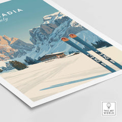 Alta Badia Italy ski resort print featuring snowy mountains and skis, perfect for skiing enthusiasts and nature lovers.