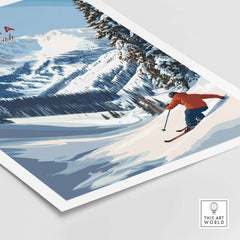 Alta Utah ski poster featuring a skier on fresh powder snow with majestic mountain scenery in the background.