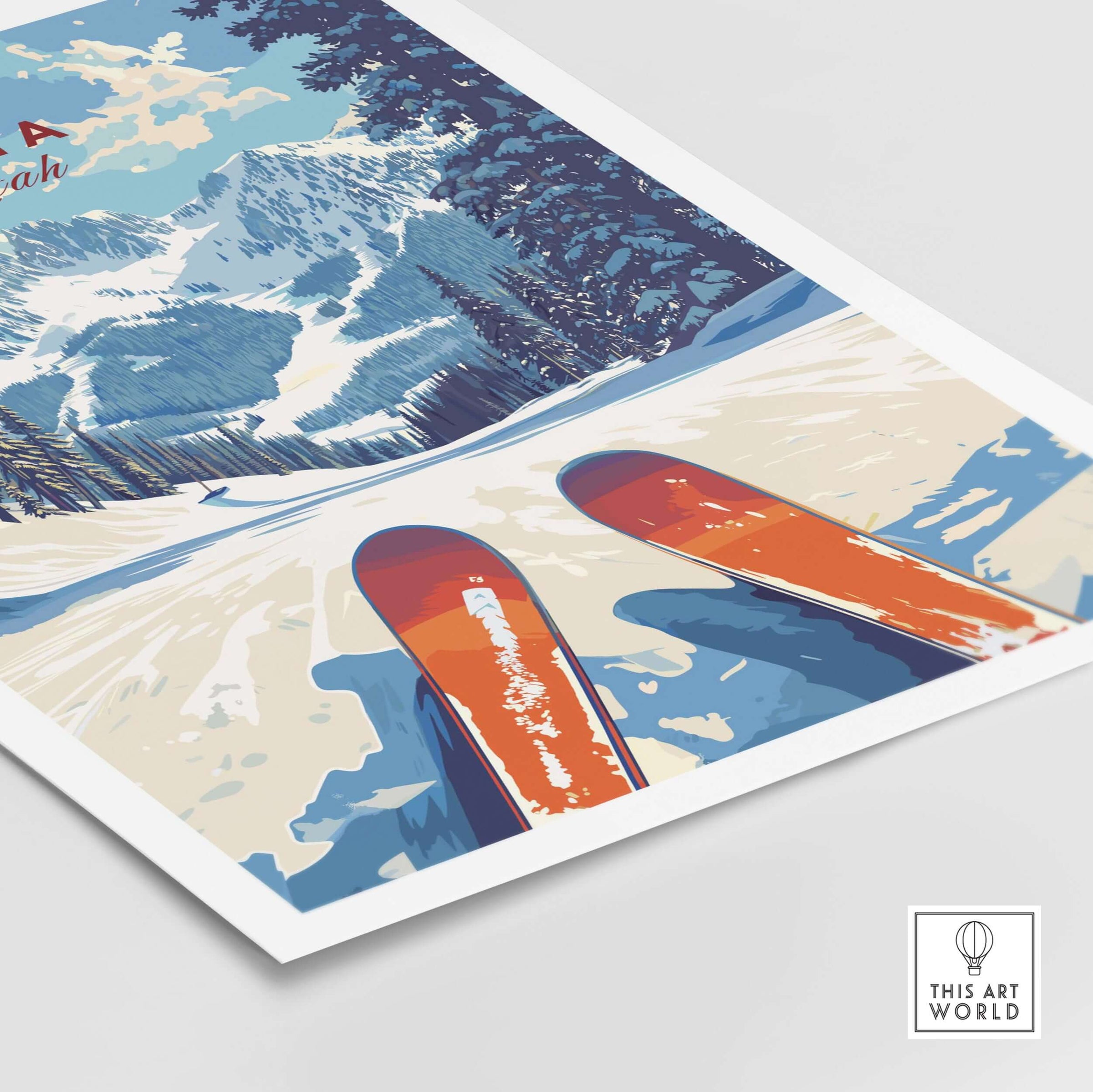 Alta Utah ski view print featuring skis on snowy slopes with picturesque mountains in the background, vibrant wall art.