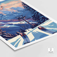 Alta Utah ski lift poster featuring a sunset over snow-covered mountains and trees, perfect for mountain-themed decor.