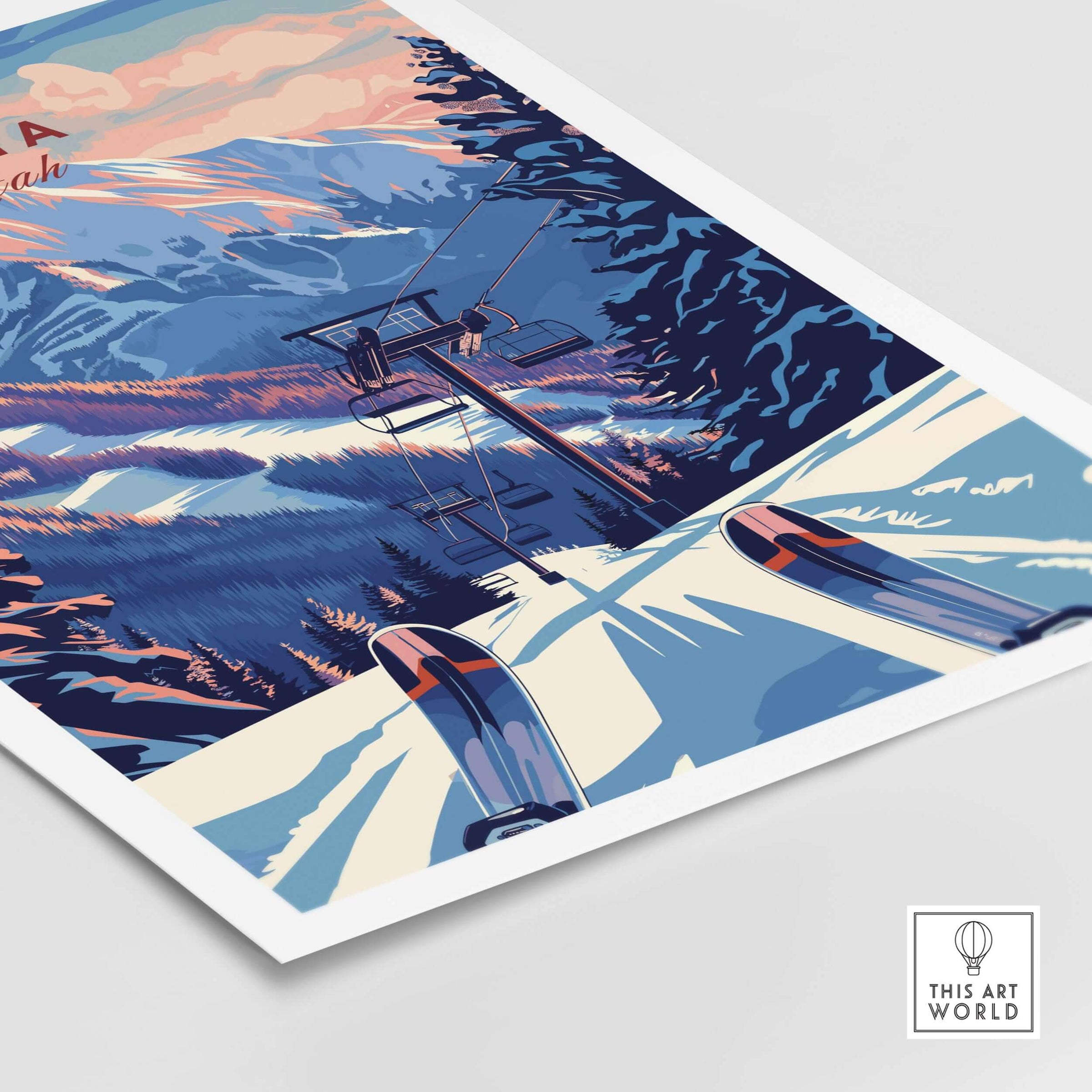 Alta Utah ski lift poster featuring a sunset over snow-covered mountains and trees, perfect for mountain-themed decor.