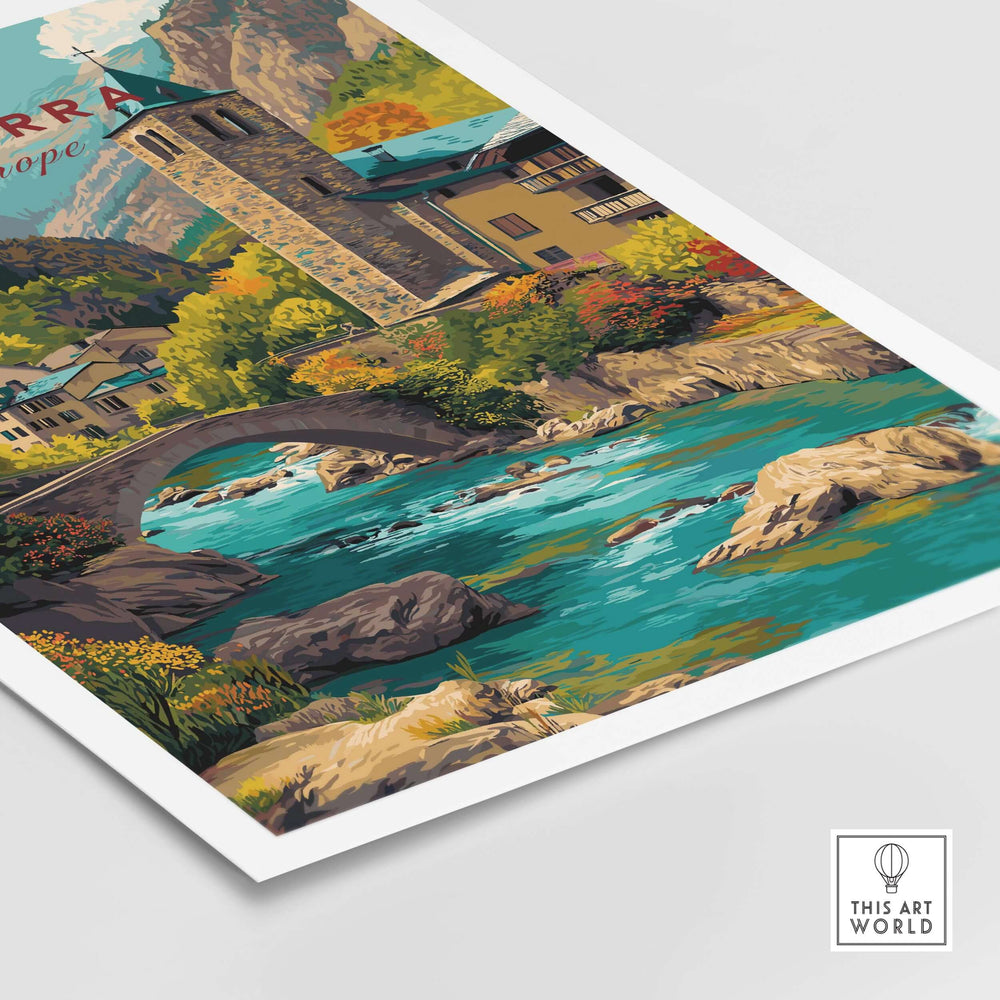 Andorra Valira River Valley Village Print | European Mountain Wall Decor showcasing a picturesque river and bridge in a charming village.