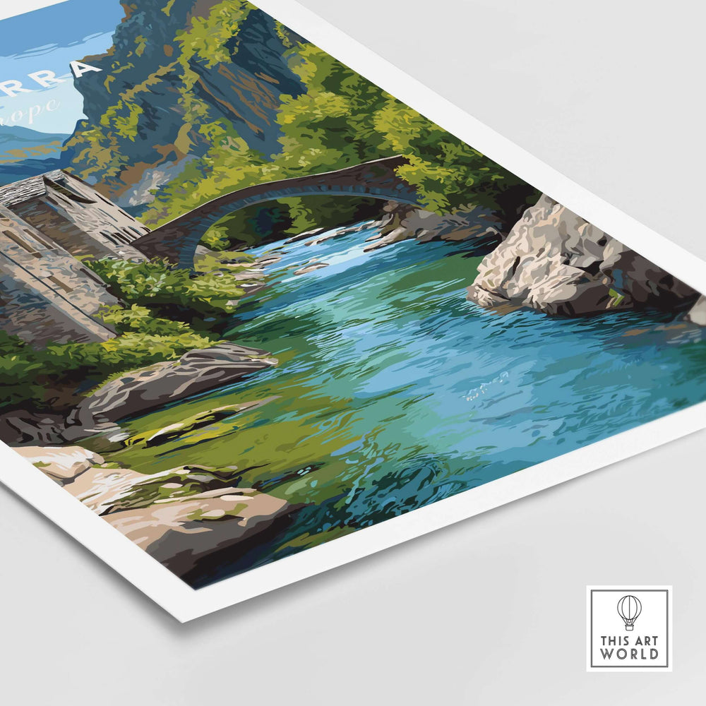 Andorra Poster | European Mountain Valley Decor showcasing a serene river and bridge in a lush mountain landscape.
