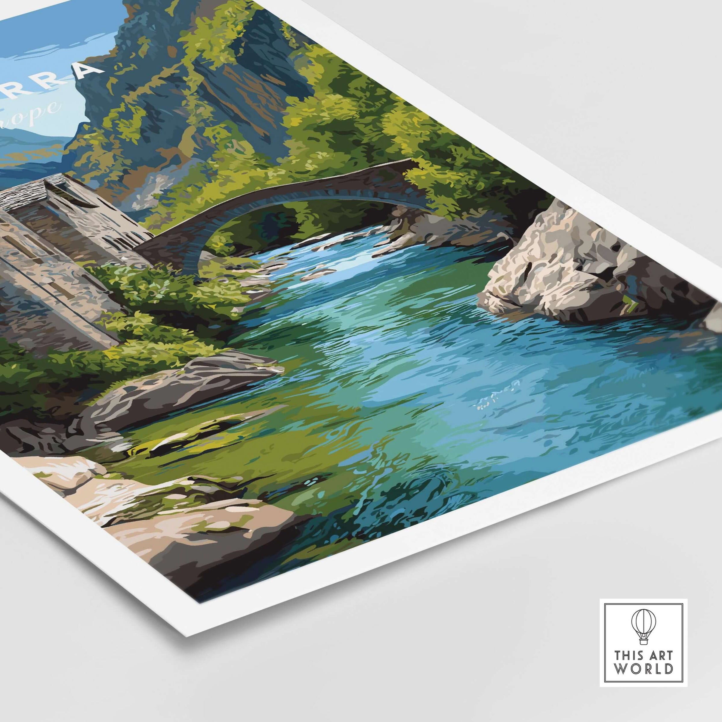 Andorra Poster | European Mountain Valley Decor featuring a scenic view of a river and bridge amidst lush mountains.