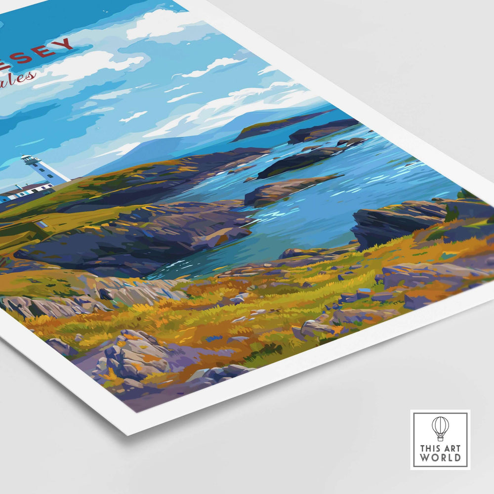 Anglesey Wales poster featuring rocky coast, lighthouse, and vibrant sea, perfect for coastal wall art decor.