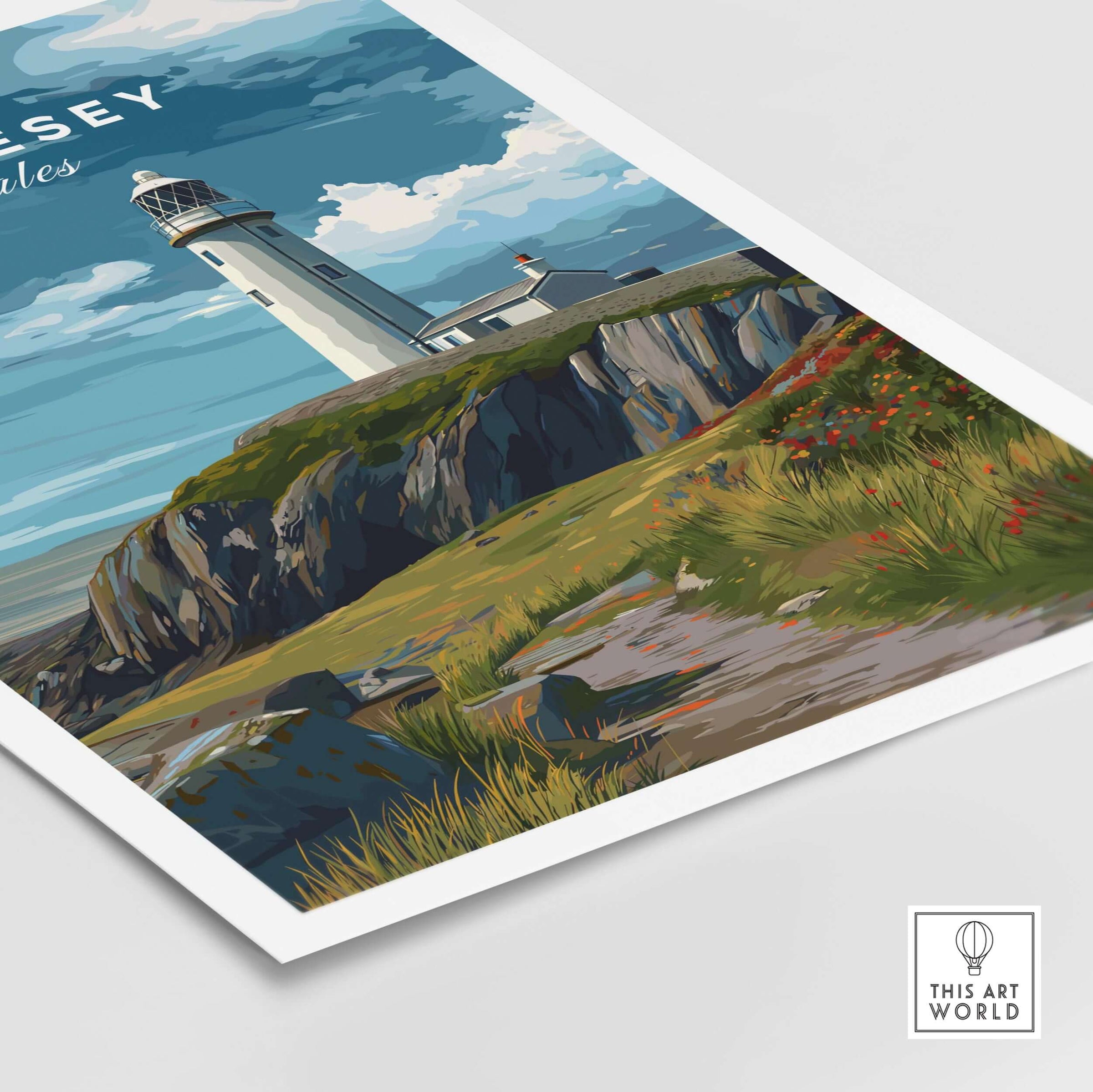 Anglesey Wales Lighthouse on Cliffs Print - Coastal Path Wall Art depicting a lighthouse on cliffs with a scenic landscape.