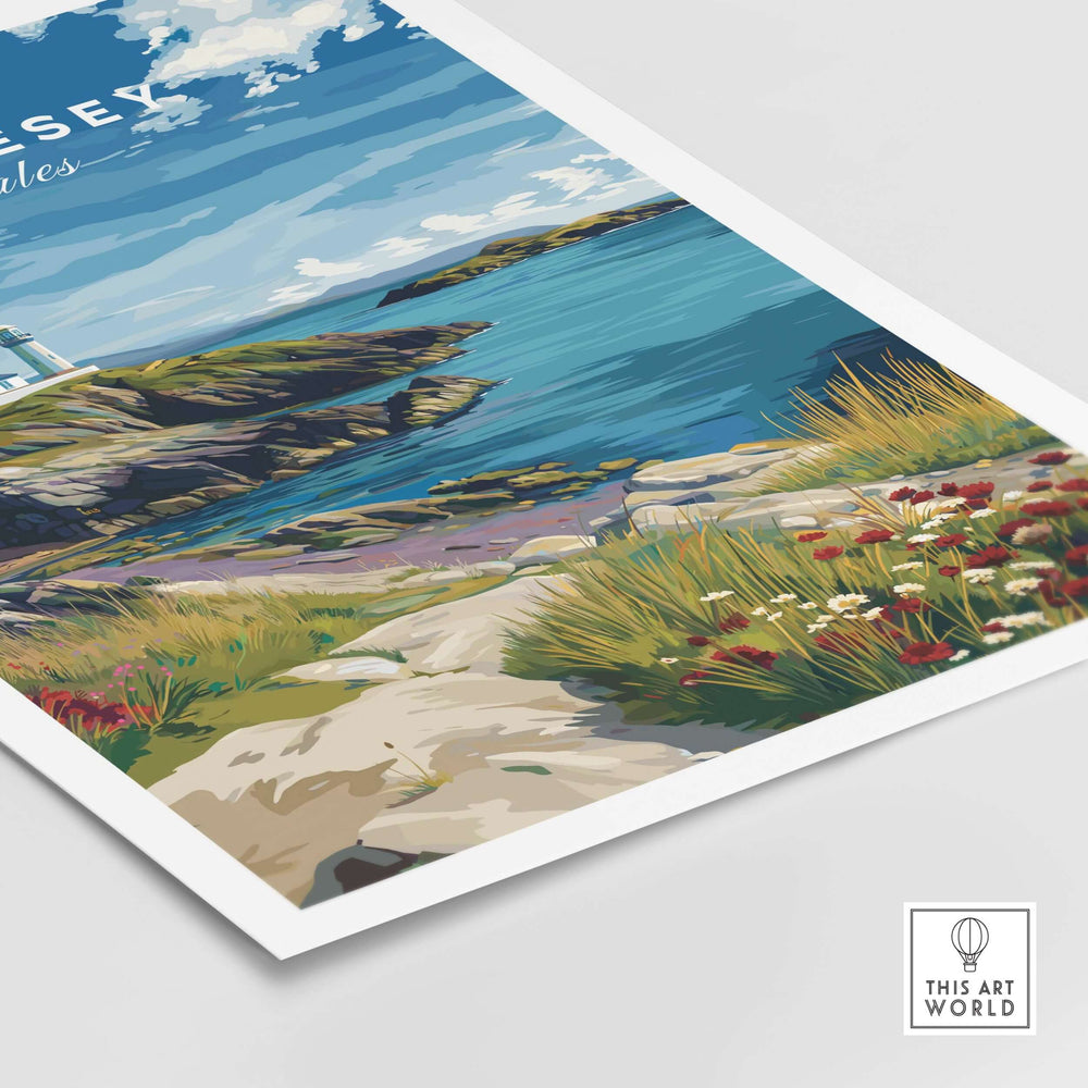 Anglesey Wales wildflowers lighthouse poster showcasing vibrant coastal scenery and natural beauty.