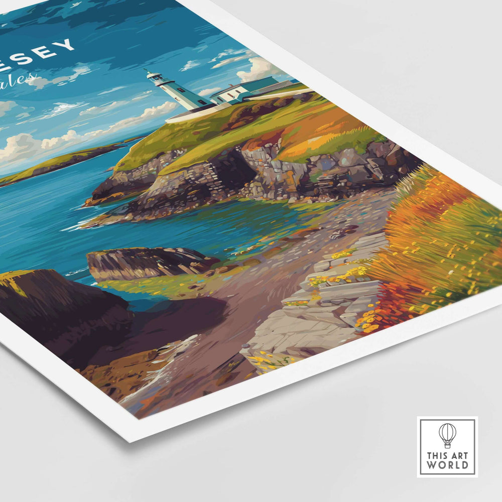 Anglesey Wales sailboats and lighthouse print, vibrant coastal wall art showcasing sea and landscape.