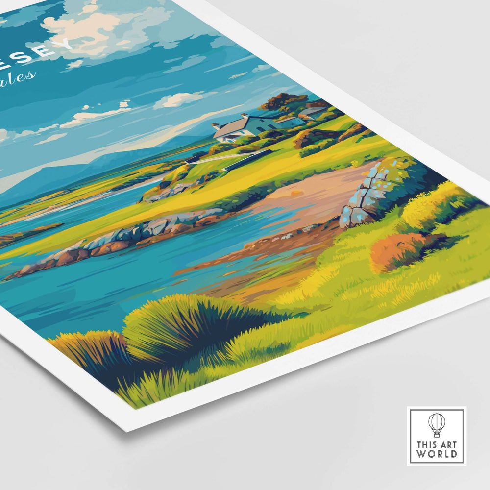 Anglesey Wales green coastline print showcasing lush fields and tranquil shores in vibrant colors.