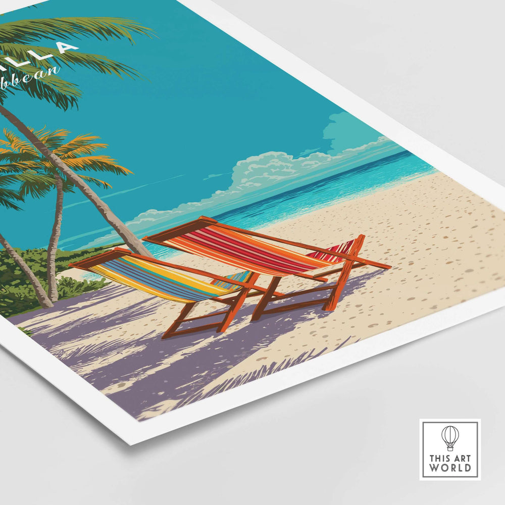 Anguilla Caribbean wall art featuring colorful beach chairs on a tropical beach, showcasing serene island vibes.