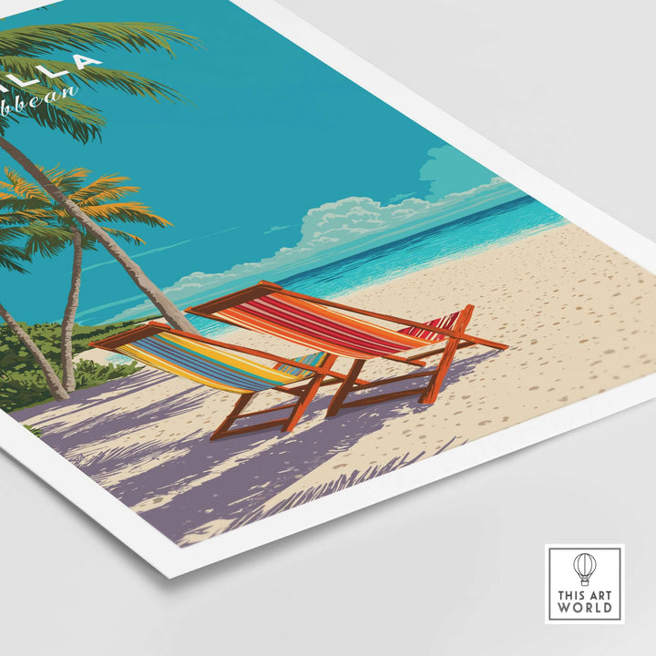 Anguilla Caribbean wall art featuring colorful beach chairs on a tropical beach, showcasing serene island vibes.