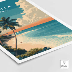 Anguilla Poster Caribbean Beach Wall Art featuring vibrant beach scene with palm trees and turquoise waters.
