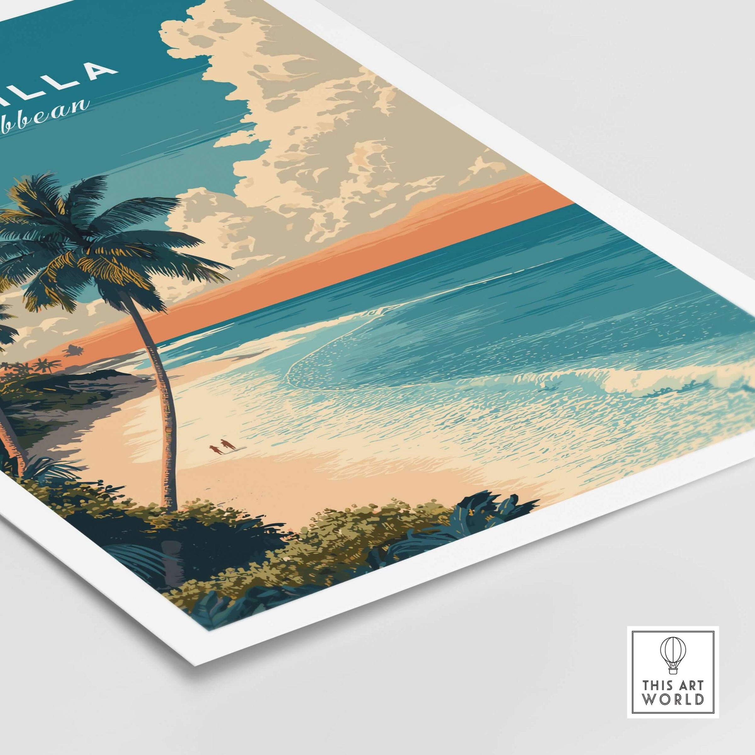 Anguilla Poster Caribbean Beach Wall Art featuring vibrant beach scene with palm trees and turquoise waters.