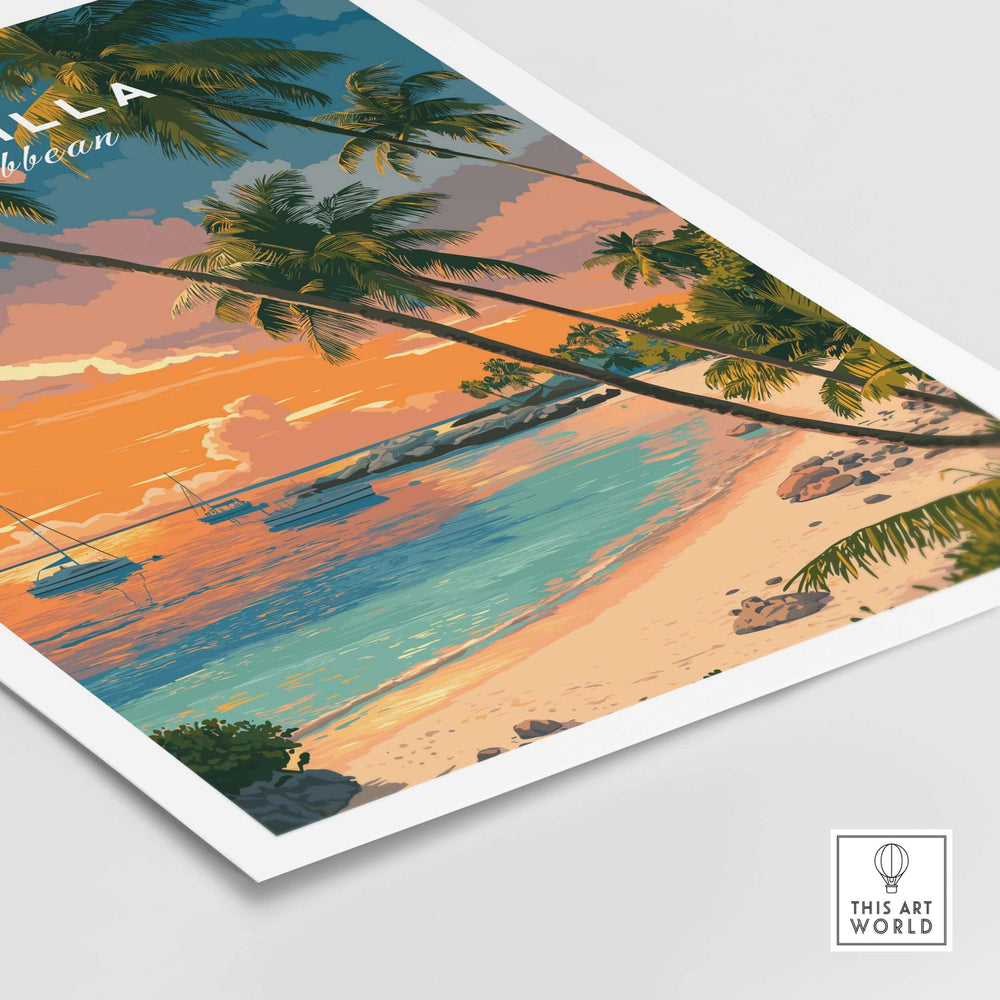 Anguilla poster featuring a vibrant Caribbean sunset and tranquil beach scene with palm trees.