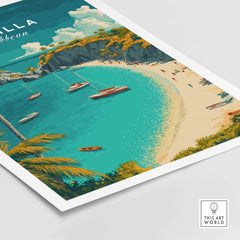 Anguilla Travel Poster -  Caribbean Wall Art featuring vibrant beach scenery and tropical boats.