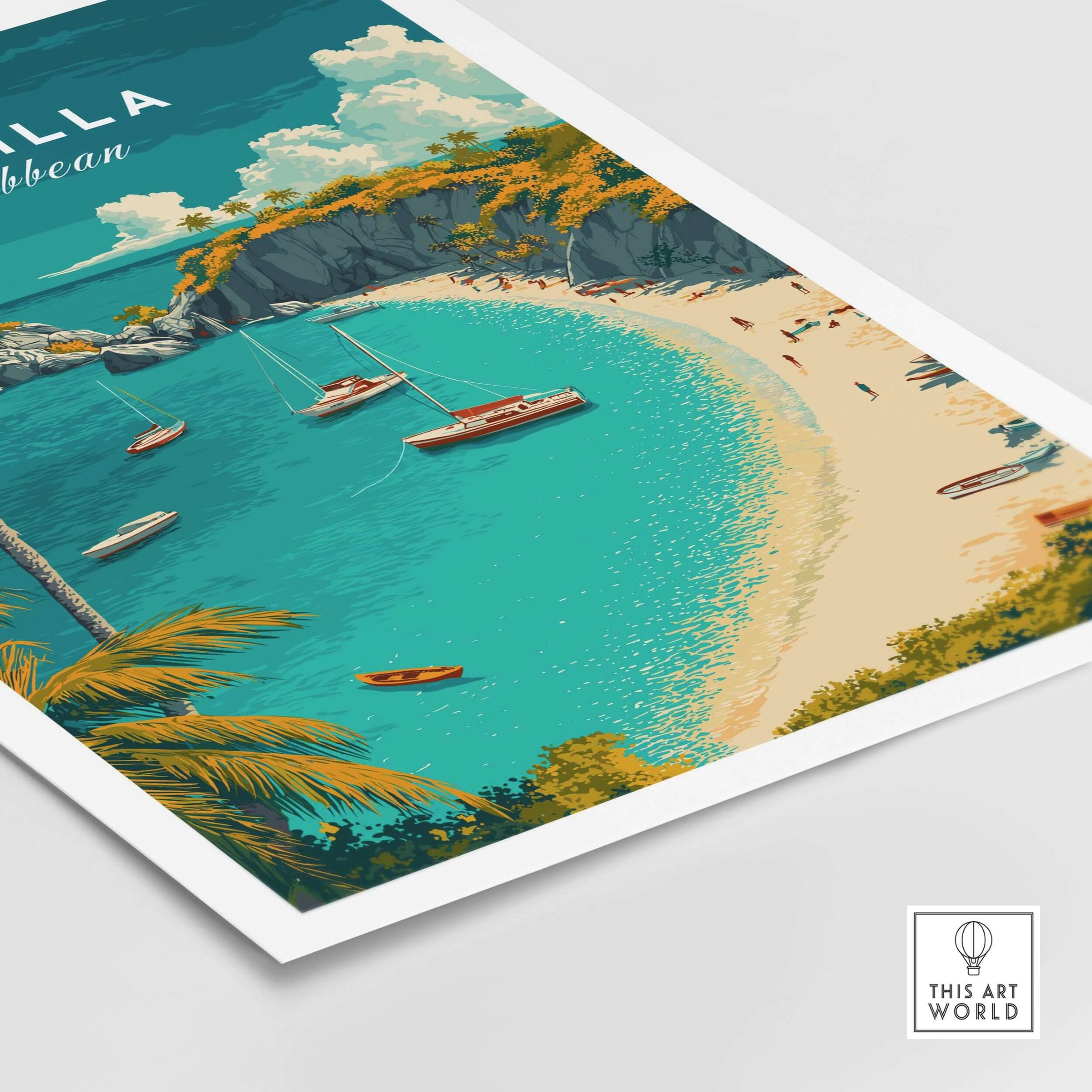 Anguilla Travel Poster -  Caribbean Wall Art featuring vibrant beach scenery and tropical boats.