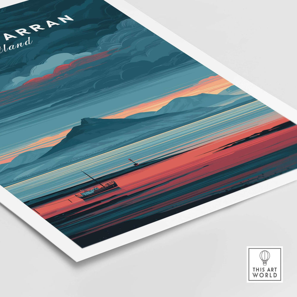 Isle of Arran print featuring a stunning mountain sunset and serene Scottish landscape art.