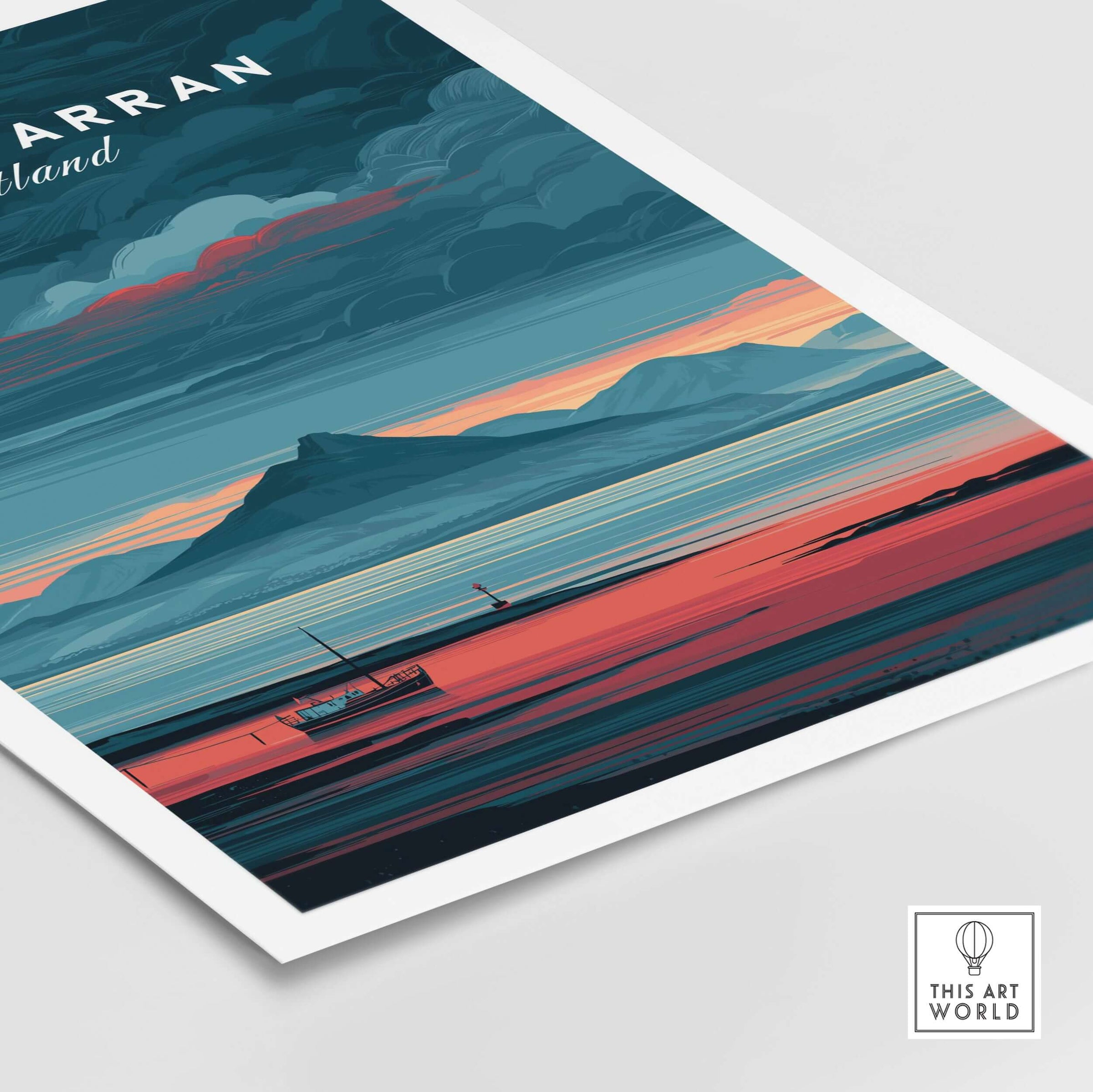 Isle of Arran Print Scotland Mountain Sunset - Dramatic Scottish Landscape Art featuring vibrant colors and serene scenery.