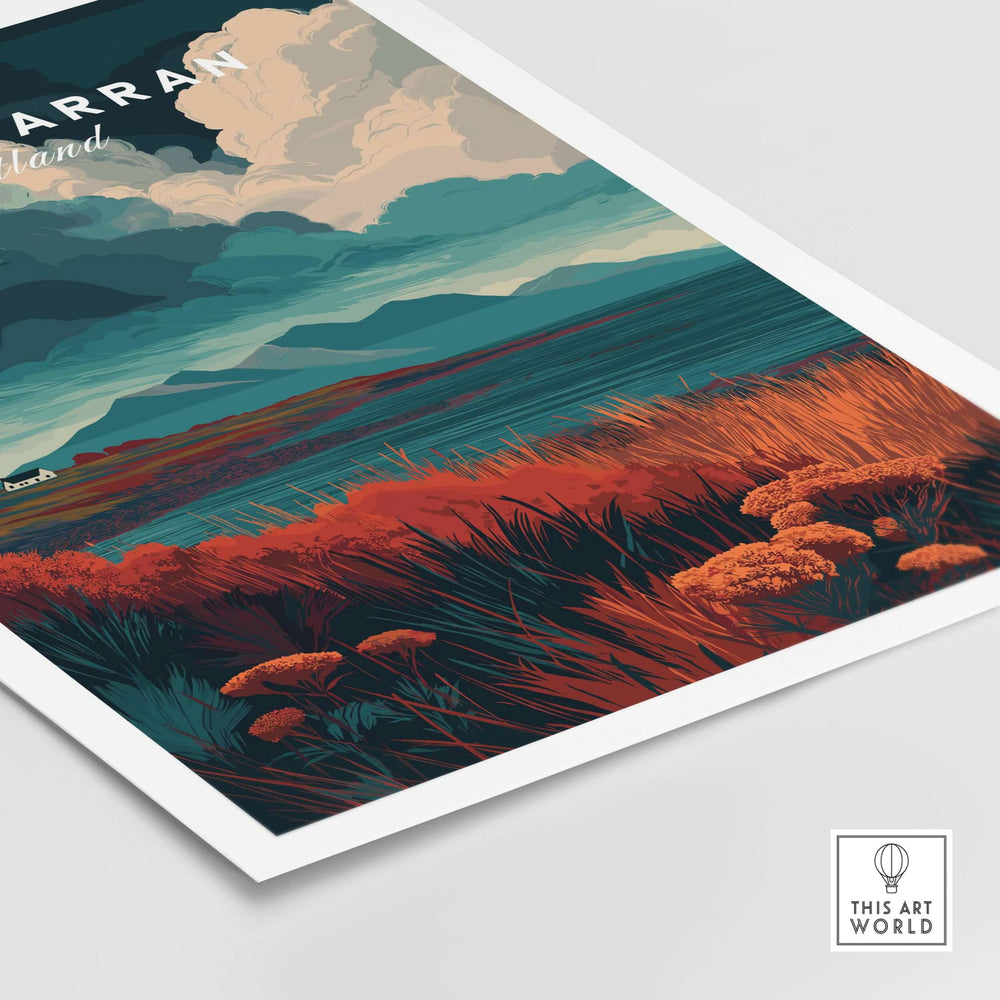Rugged Isle of Arran wall art featuring vibrant landscapes of the Scottish Highlands with dramatic skies.