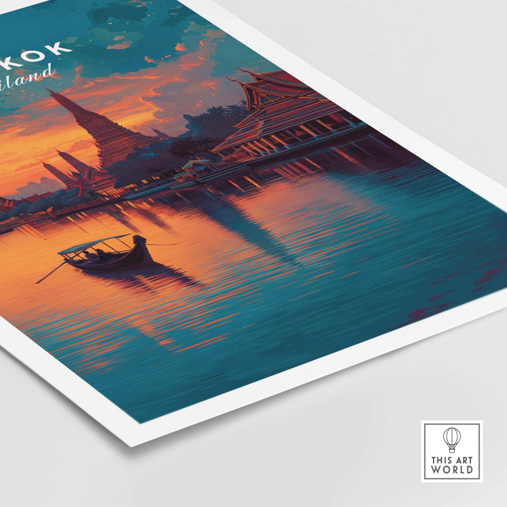 Wat Arun sunset reflection print featuring a serene temple scene in Bangkok, Thailand, with vibrant colors and peaceful water.