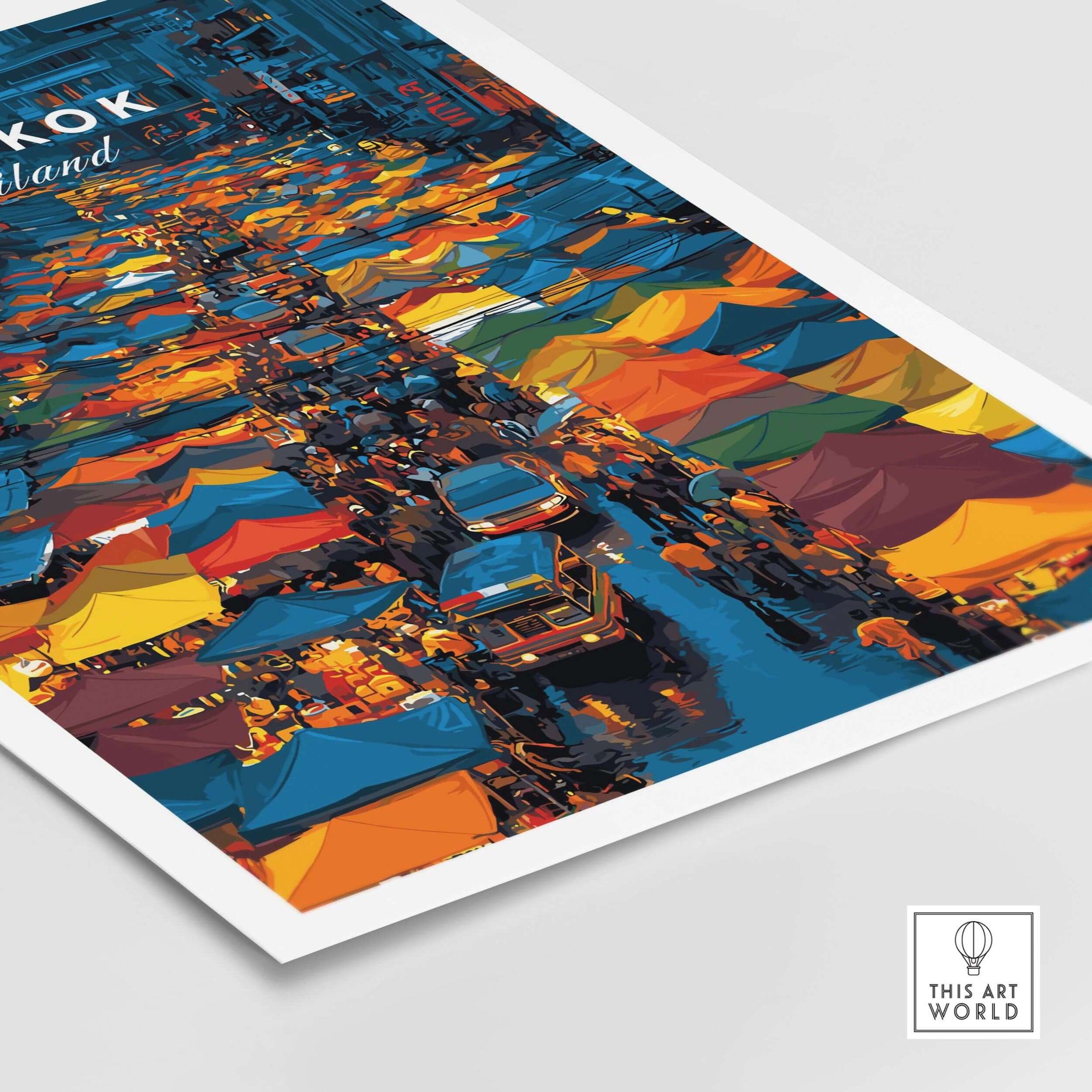 Bangkok Thailand Night Market Overhead Poster - Bustling Street Scene Print showcasing colorful stalls and lively atmosphere.