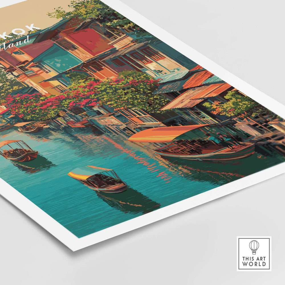Bangkok Klong Canal Houses print showcasing colorful homes and boats on serene waters, capturing traditional Thai village charm.