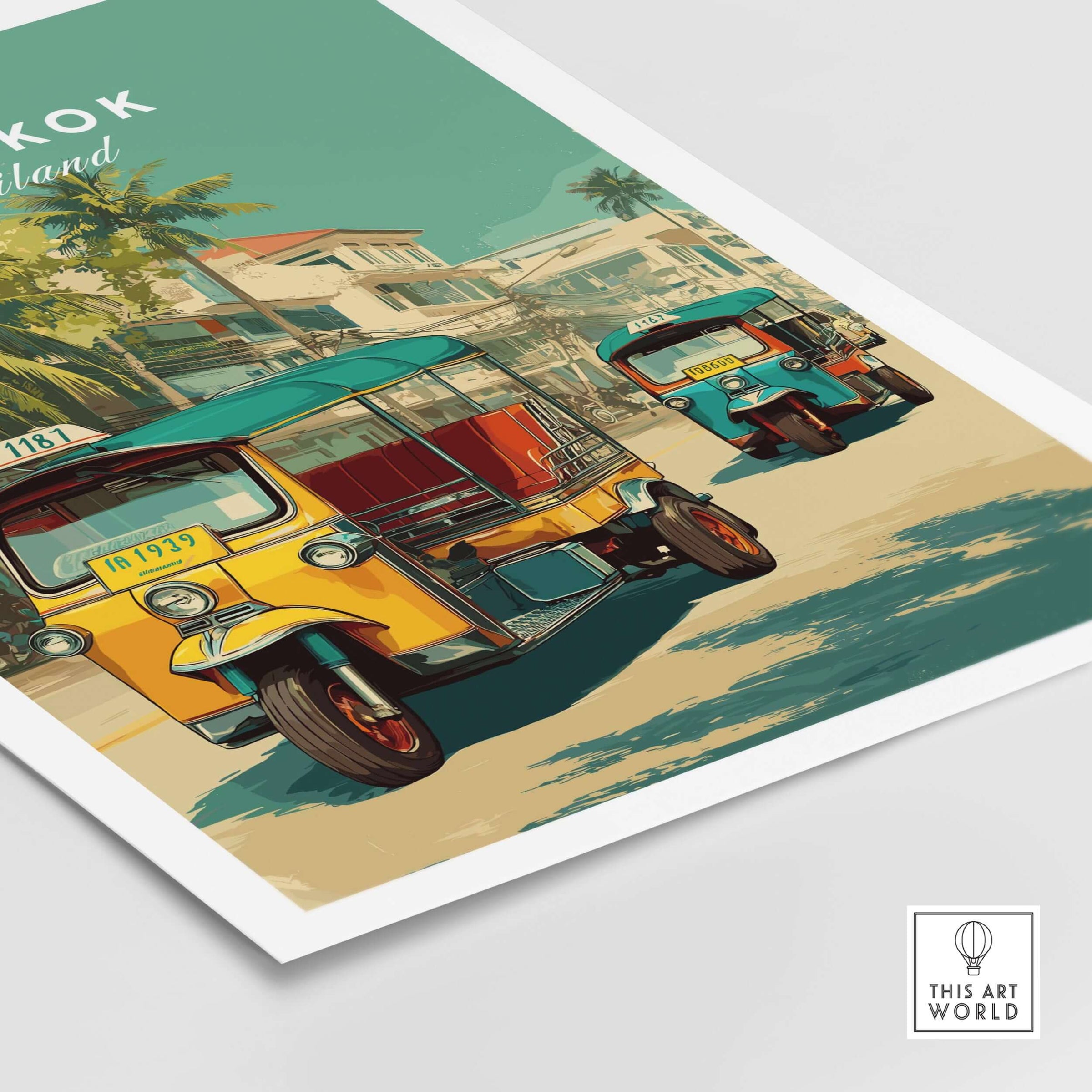 Bangkok Thailand Tuk Tuk City Street Poster - Wall Art featuring colorful tuk tuks on a city street.
