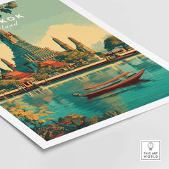 Bangkok Poster Thailand Wat Arun River Scene Print - Grand Temple Wall Art featuring intricate details and peaceful river setting.