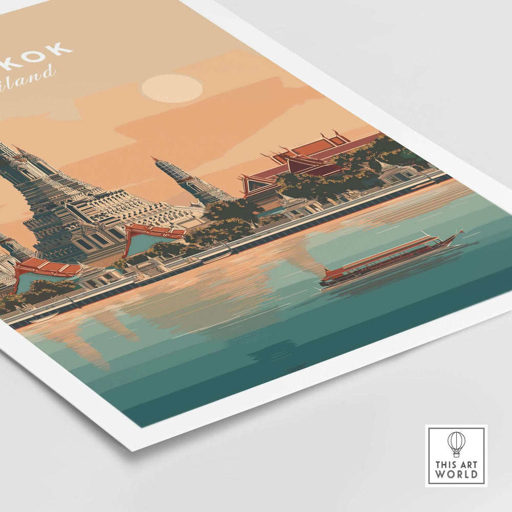 Bangkok print featuring Wat Arun Temple along the Chao Phraya River with serene sunset colors and traditional boat.