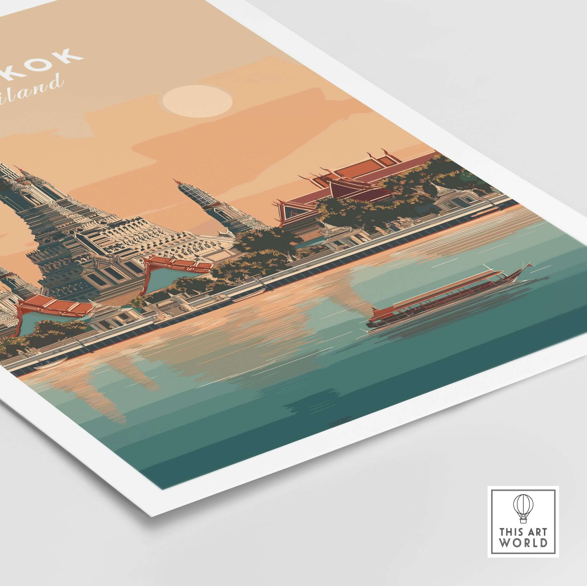 Bangkok Print Thailand Wat Arun Temple - Chao Phraya River Wall Art with serene river setting and intricate architecture