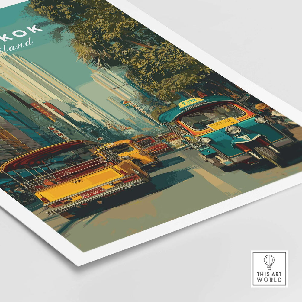 Bangkok Thailand poster featuring vibrant tuk tuk street scene, showcasing urban life and cultural charm.