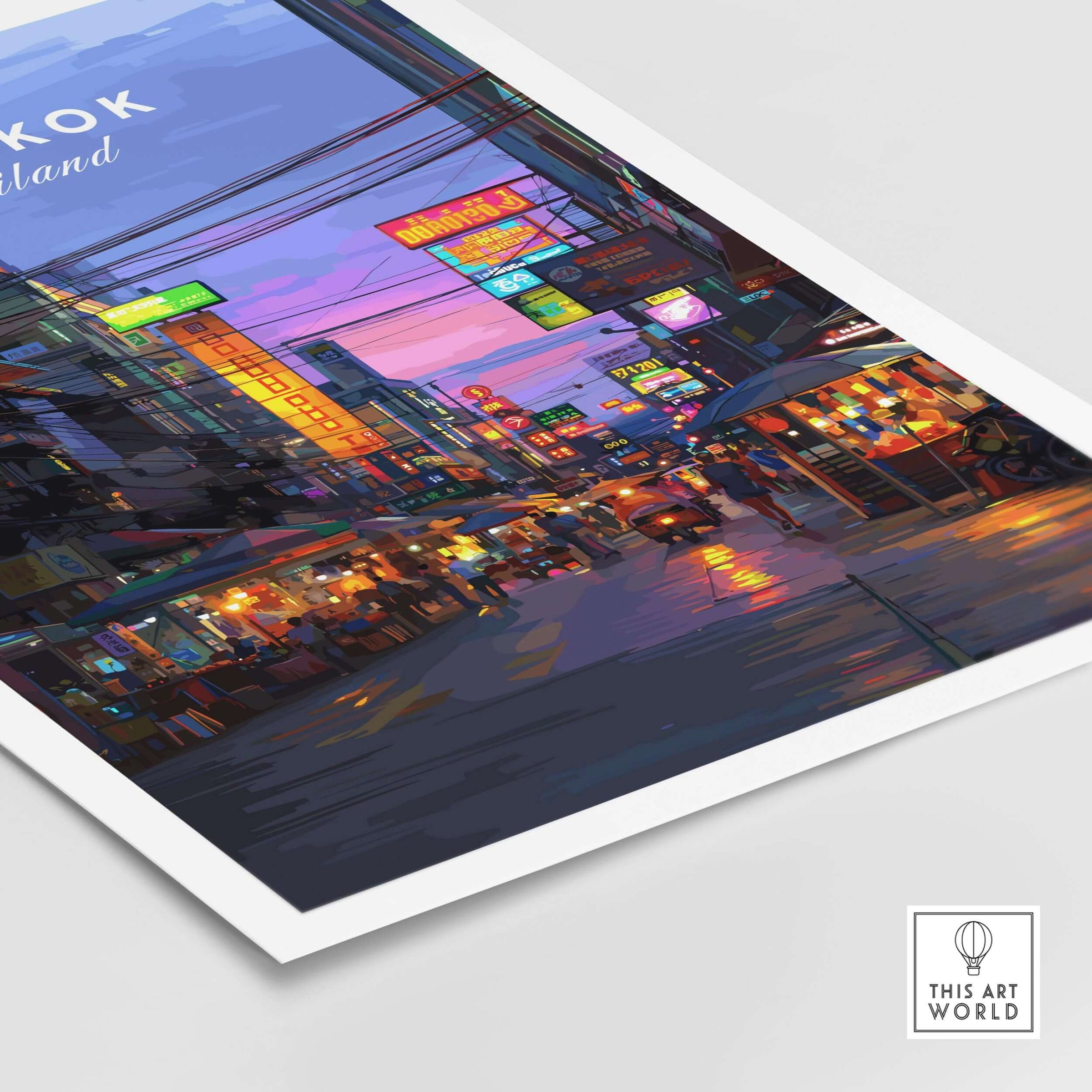 Bangkok Thailand Print Night Market Street -Thai Cityscape Poster showcasing vibrant nightlife and colorful cityscape.