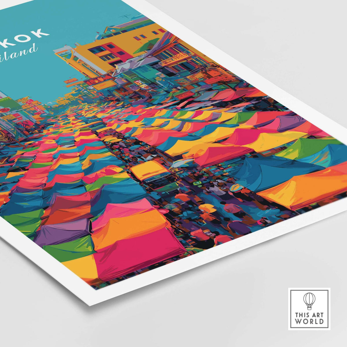 Bangkok Thailand Poster Colorful Market Tents - Vibrant Street Market Print showcasing lively market tents in vibrant colors.
