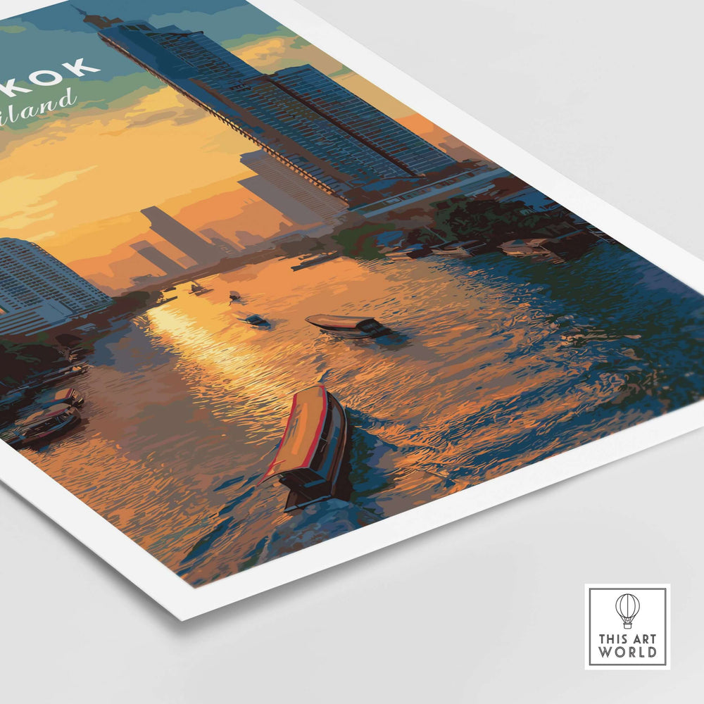 Bangkok skyline sunset print featuring river boats on the Chao Phraya, showcasing serene twilight glow.