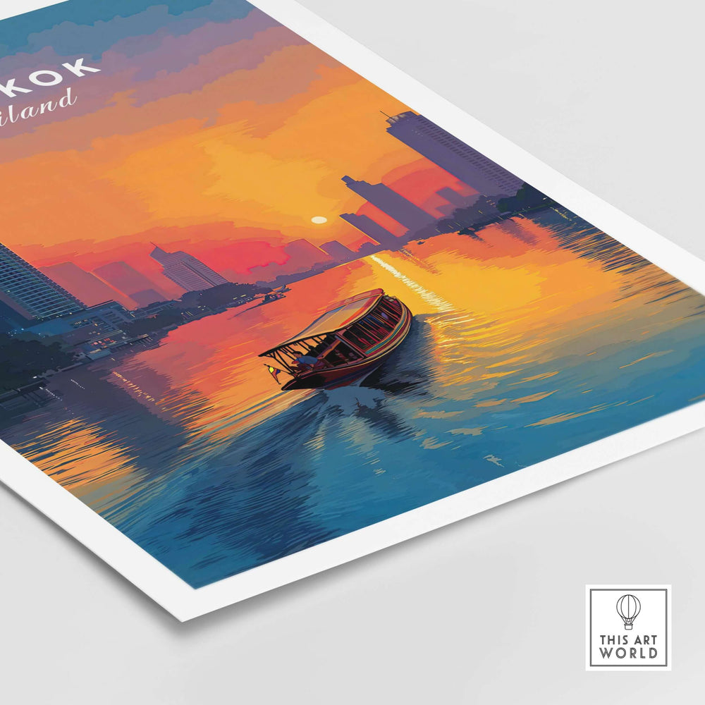 Bangkok sunset poster featuring a longtail boat on a vibrant river skyline with city reflections.