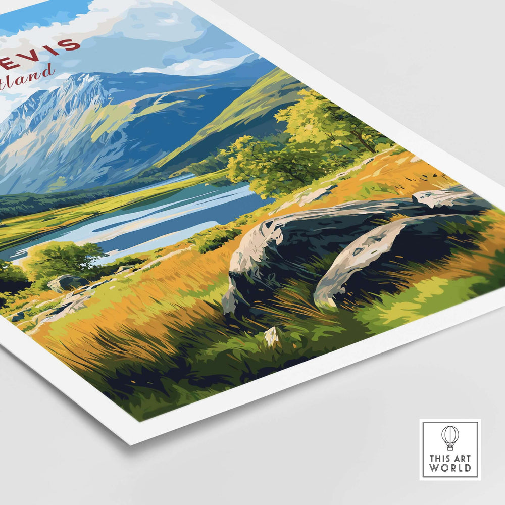 Ben Nevis Scotland mountain lake landscape print featuring serene waters and majestic peaks in vibrant colors.